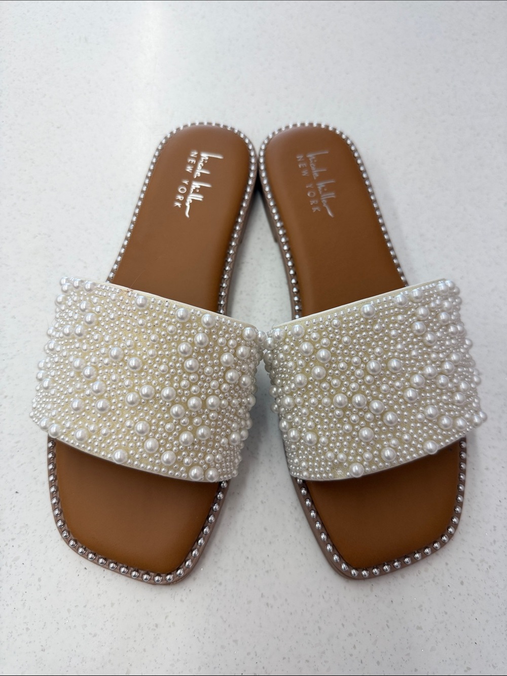 Nicole Miller White Pearl Embellished Slide Sandals